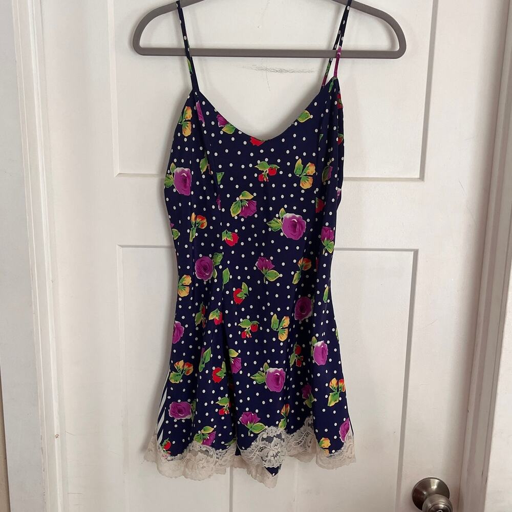 VTG Victoria's Secret Floral Slip Dress Small Navy Roses Polka Dots Stripe